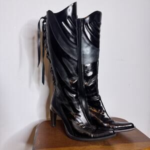 Vintage Y2K New Rock Black Flame Corset Stiletto Knee High Boot Women 39 / 8.5